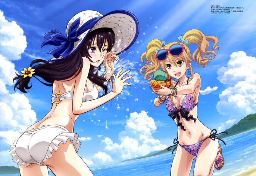 2girls aihara_mei aihara_yuzu beach bikini blush braid citrus_(saburouta) eyewear_on_head female female_only jumping long_hair looking_at_another smile splashing_water sunglasses sunglasses_on_head sunhat tagme water_pistol yuri