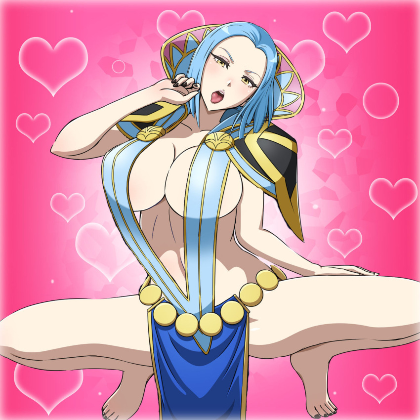 1girls arete_(fire_emblem) bare_legs barefoot barely_clothed blue_hair blush breasts cape covering covering_nipples elbow_gloves female fire_emblem fire_emblem_fates gloves heart highres huge_breasts legs looking_at_viewer milf naughty_face nintendo no_bra no_panties no_underwear parted_lips pink_background revealing_clothes see-through short_hair sideboob simple_background smile solo solo_female source_request squatting thighs yellow_eyes yuki_(12cut)