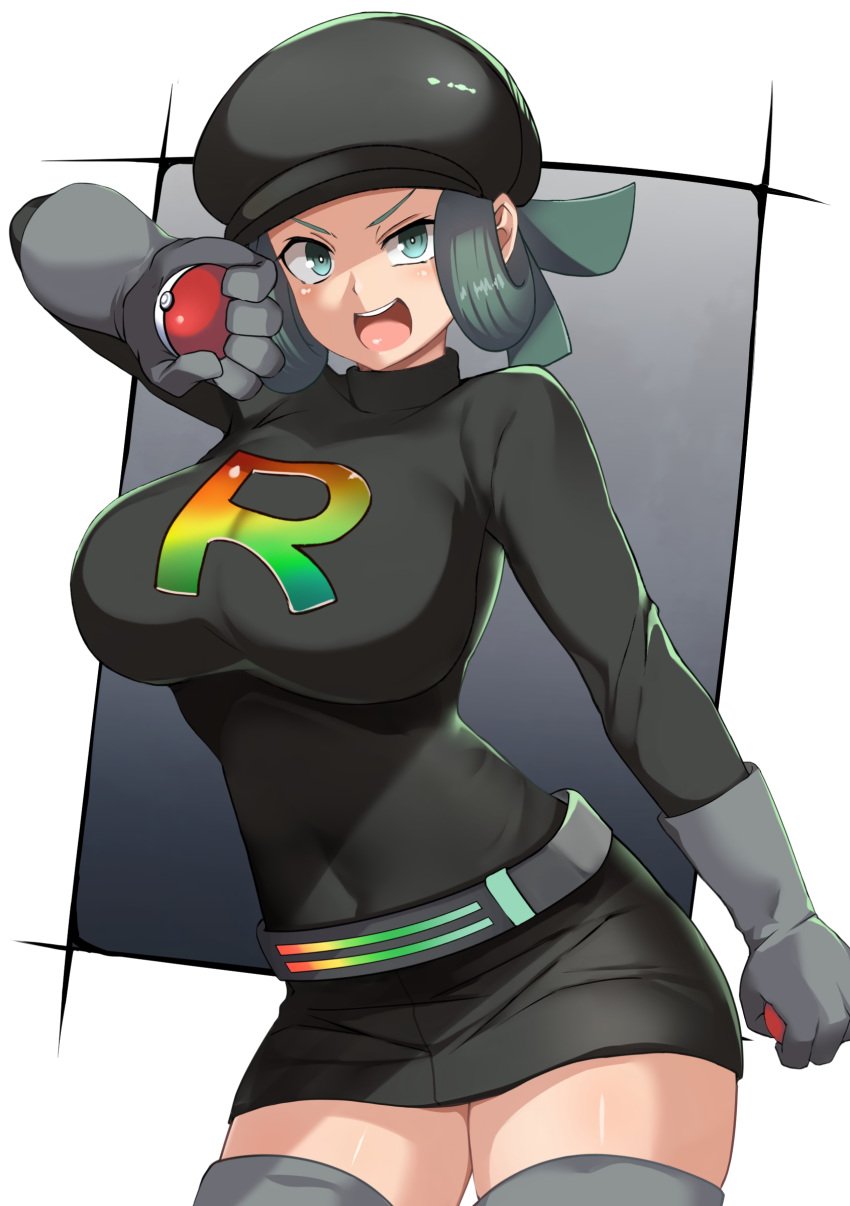 belt big_breasts boots female game_freak gloves green_hair hat looking_at_viewer maki_ikazuya makiikazuya open_mouth pokeball pokemon pokemon_sm pokemon_usm short_hair tagme team_rainbow_rocket_grunt team_rainbow_rocket_grunt_(female) thick_thighs tight_clothing wide_hips