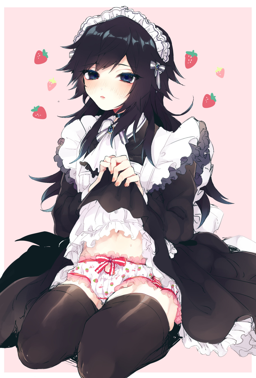 alternate_costume apron black_hair black_legwear black_thighhighs blue_eyes blush bow_panties bulge crossdressing demon_slayer dress_lift femboy frilled_dress frilled_panties frills girly hair_down kimetsu_no_yaiba lolita_fashion long_hair looking_at_viewer maid maid_headdress maid_uniform male male_only panties sitting skirt_lift solo strawberry_panties thighhighs tomioka_giyuu