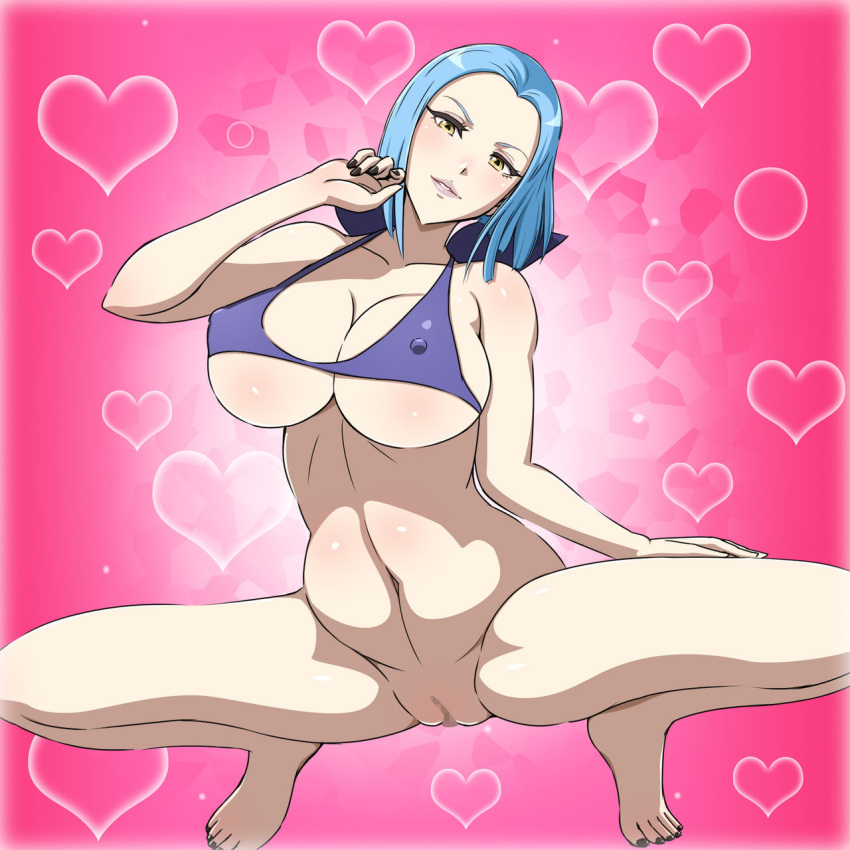 arete_(fire_emblem) bare_arms bare_legs bare_shoulders barefoot bikini black_nails blue_bikini blue_hair blush bottomless breasts cleavage covered_erect_nipples feet female fire_emblem fire_emblem_fates heart highres huge_breasts legs looking_at_viewer micro_bikini milf nail_polish navel nintendo no_panties parted_lips partially_visible_vulva seductive_smile short_hair simple_background smile solo squatting swimsuit thighs toes underboob yellow_eyes yuki_(12cut)