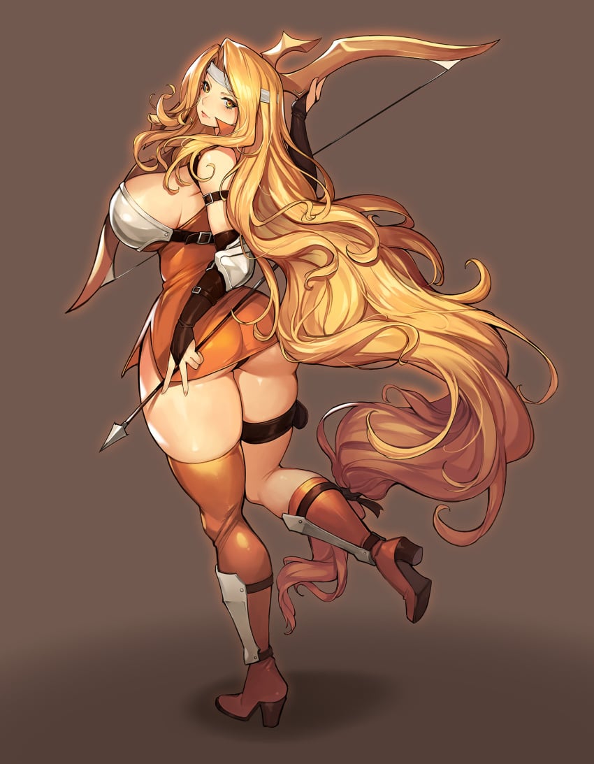 1girls arrow_(projectile) ass ass_bigger_than_skirt back_view blonde_hair boots bow_(weapon) breasts bridal_gauntlets brigid_(fire_emblem) curvy dress female fingerless_gloves fire_emblem fire_emblem:_genealogy_of_the_holy_war from_behind full_body gloves gurimjang headband high_heel_boots high_heels highres holding holding_weapon large_ass large_breasts long_hair looking_back low-tied_long_hair miniskirt nintendo orange_eyes panties pantyshot pawg shadow short_dress simple_background skirt solo solo_female standing standing_on_one_leg taut_clothes taut_dress thigh_strap thighs underwear very_long_hair voluptuous weapon white_headband yewfelle_(fire_emblem)