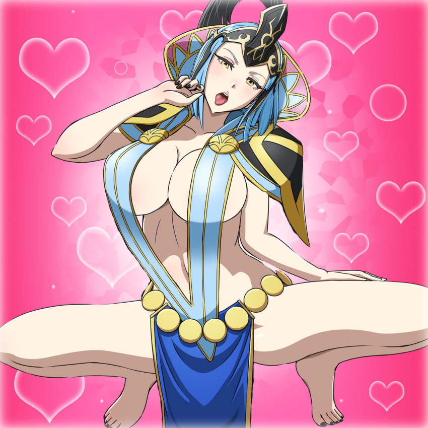 1girls arete_(fire_emblem) bare_legs barefoot barely_clothed blue_hair blush breasts cape covering covering_nipples elbow_gloves female fire_emblem fire_emblem_fates gloves heart highres huge_breasts legs looking_at_viewer milf naughty_face nintendo no_bra no_panties no_underwear parted_lips pink_background revealing_clothes see-through short_hair sideboob simple_background smile solo solo_female source_request squatting thighs yellow_eyes yuki_(12cut)