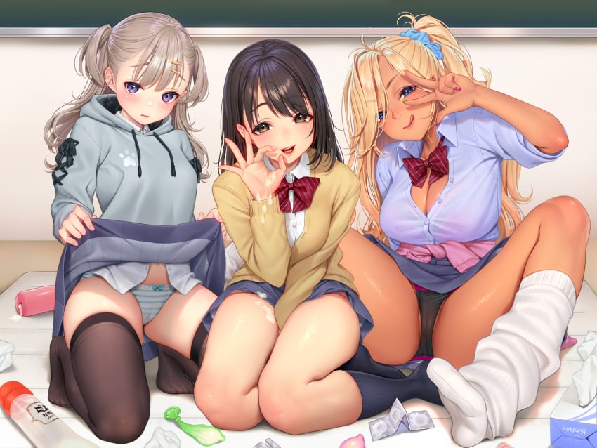 3girls after_fellatio after_sex bra cameltoe cum cum_on_hand fully_clothed gyaru handjob masami_chie multiple_girls open_shirt panties pantsu possible_duplicate see_through seifuku shimapan skirt_lift sweater tagme thighhighs