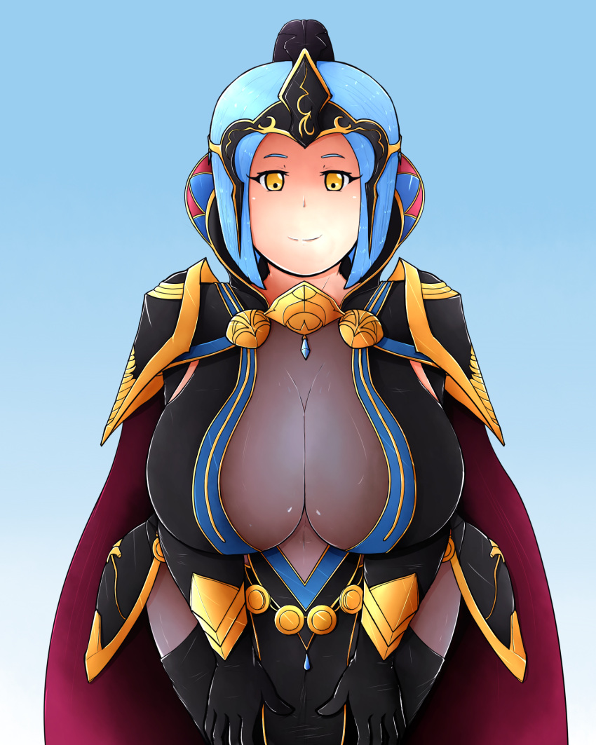 arete_(fire_emblem) blue_hair breasts cape cleavage female fire_emblem fire_emblem_fates fire_emblem_if looking_at_viewer milf nintendo no_bra revealing_clothes see_through shenmei_(fire_emblem) short_hair smile solo tagme vitnacht yellow_eyes