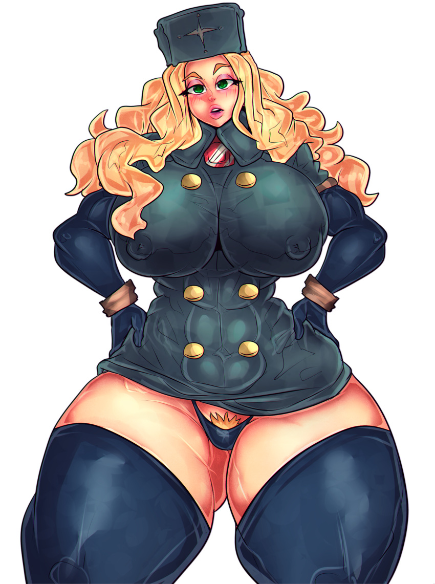 1girls abs black_gloves black_legwear black_panties blonde_hair blush buttons coat eyebrows eyeshadow fur_hat fur_trim gloves green_eyes hands_on_hips hat huge_breasts kolin legwear lips long_hair looking_at_viewer muscular_female nipples parted_lips pubic_hair pubic_hair_peek royhack solo standing street_fighter street_fighter_v teeth thick_thighs thighhighs thighs transparent_background ushanka wavy_hair wide_hips winter_clothes winter_coat zettai_ryouiki