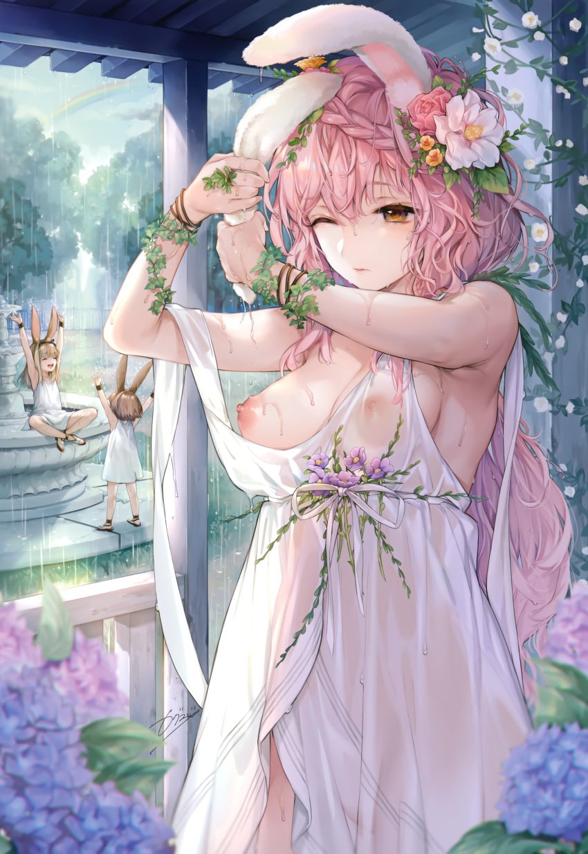 3girls absurdres animal_ears bangs bare_arms bare_shoulders braid breasts brown_hair bunny_ears closed_mouth cloud cloudy_sky cowboy_shot crown_braid dress eyebrows_visible_through_hair flower hair_between_eyes hair_flower hair_ornament highres hydrangea kaguyuzu large_breasts long_hair medium_breasts multiple_girls nipples non-web_source off_shoulder one_breast_out one_eye_closed open_mouth original outdoors pink_hair rabbit_girl rain rainbow scan short_dress short_hair sky sleeveless sleeveless_dress smile standing water_drop wet wet_clothes wet_hair white_dress yellow_eyes