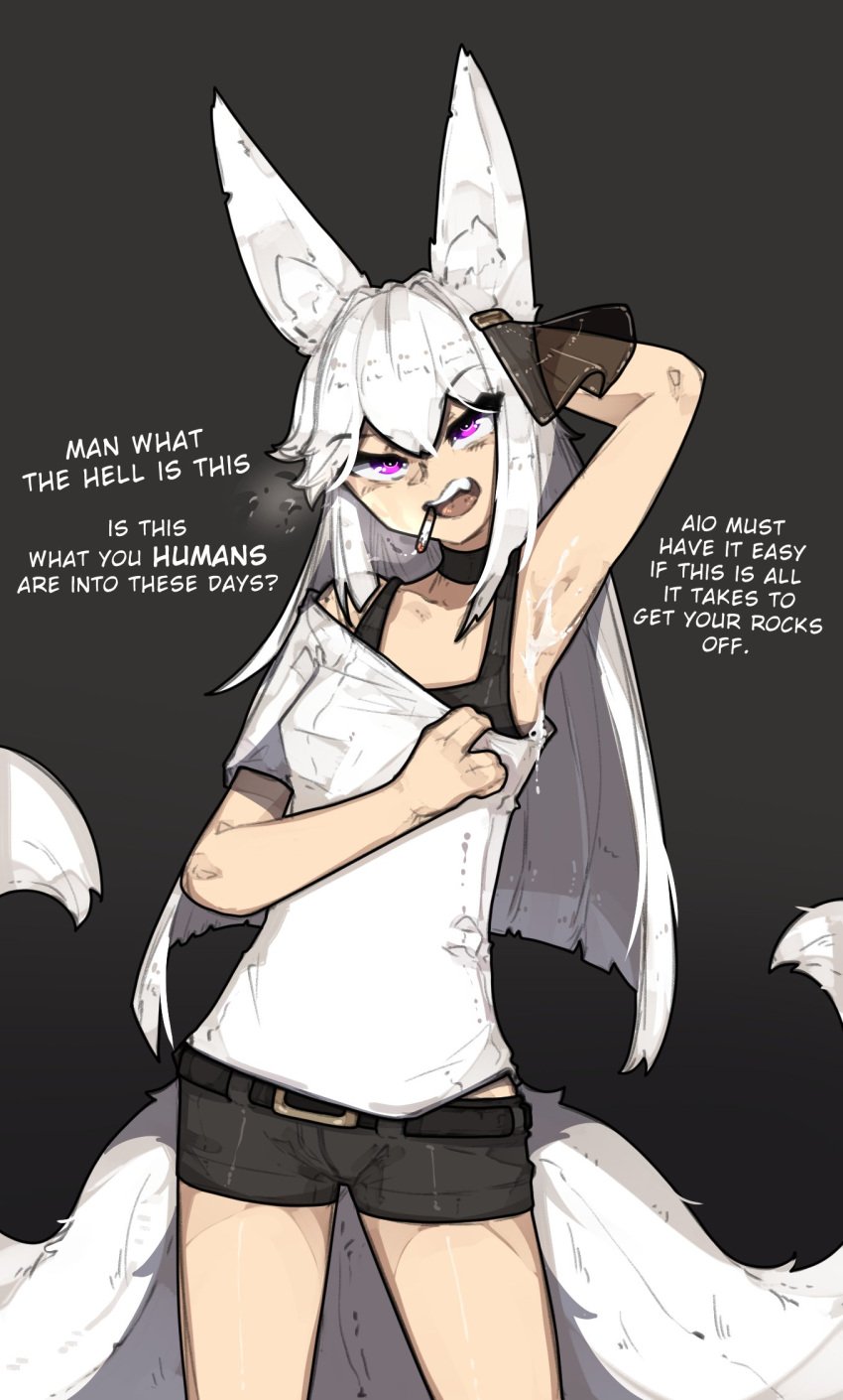 1girls angel angry arm_up armpit_sex armpits belt bra canid_humanoid cigarette cum cum_on_armpit cum_on_body cum_on_clothes cum_on_upper_body fangs fox_ears fox_tail long_hair pale-skinned_female pmc_promiscuity purple_eyes raised_arm shizu_(shuuko) shorts shuuko speech_bubble white_hair