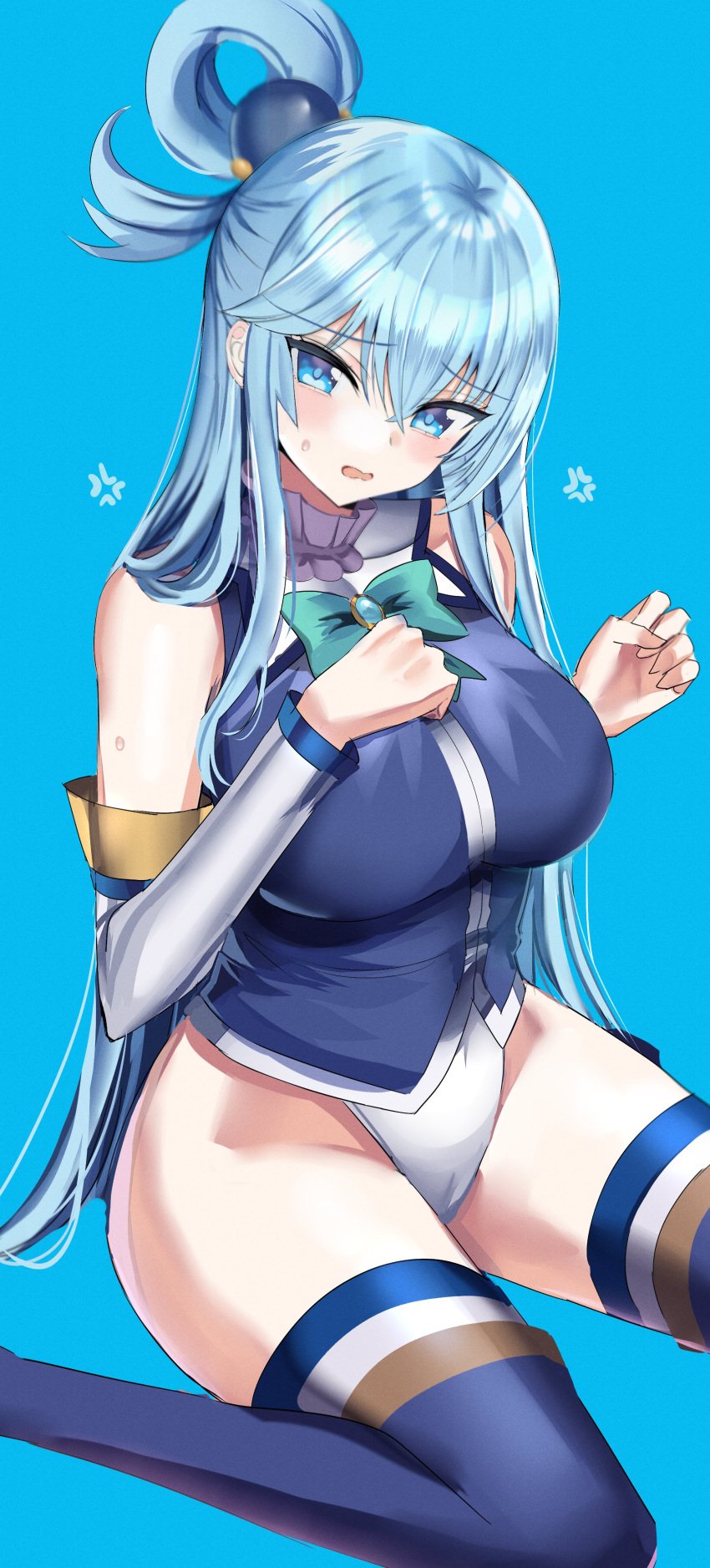 aqua_(konosuba) arm_sleeves big_breasts blue_eyes blue_hair blue_stockings blush boots hanasaka_houcha high_heel_boots kono_subarashii_sekai_ni_shukufuku_wo! leggings legwear long_hair looking_at_viewer open_mouth panties stockings thigh_boots tongue