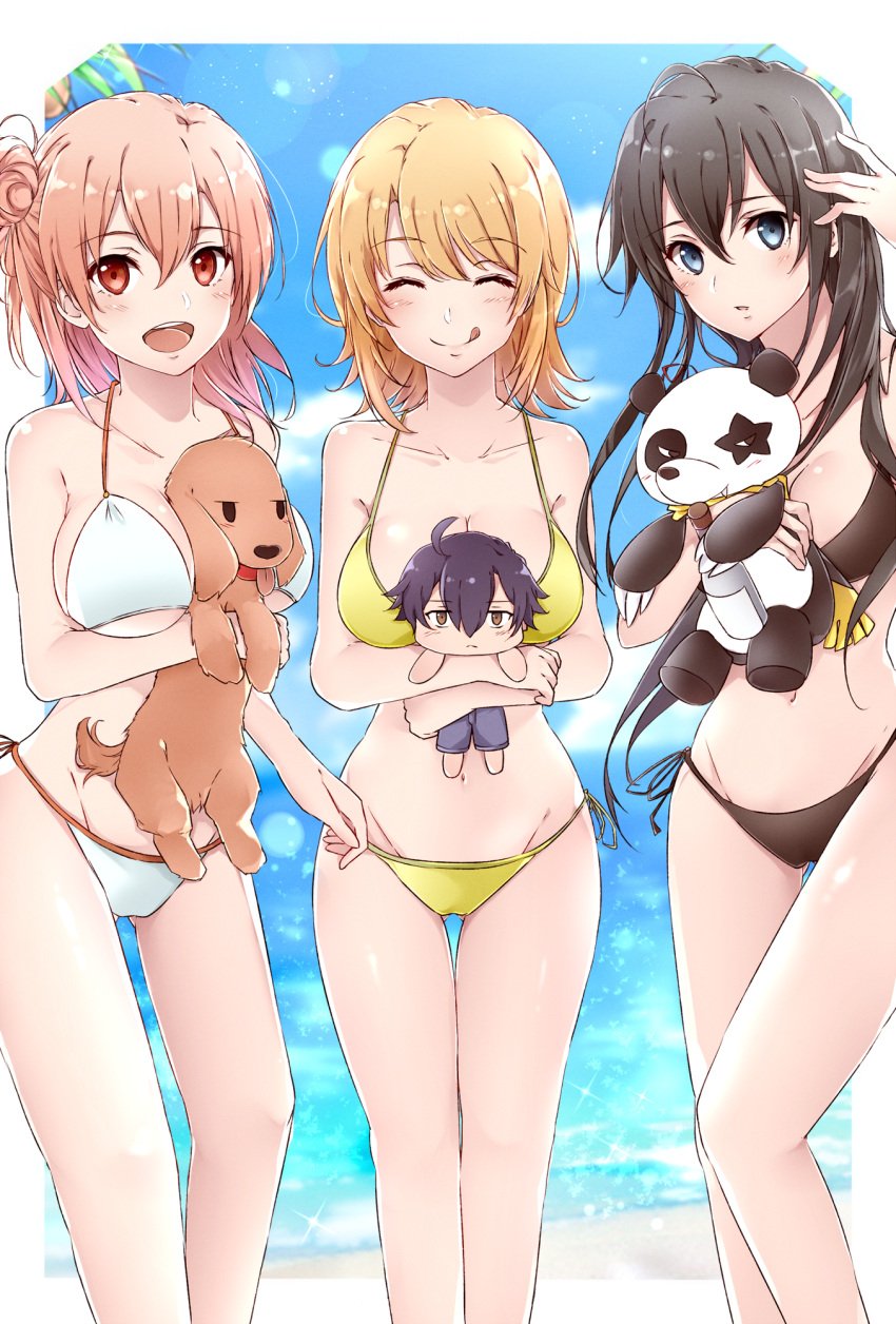 3girls artist_request beach bikini blush closed_eyes female female_only isshiki_iroha licking_lips long_hair looking_at_viewer multiple_girls my_teen_romantic_comedy_snafu open_mouth pets tagme underboob yuigahama_yui yukinoshita_yukino