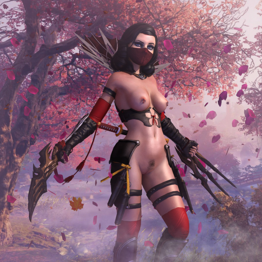 3d arm_strap armwear athletic athletic_female bioshock bioshock_infinite black_fingerless_gloves black_hair blue_eyes bottomless breasts burial_at_sea claw_(weapon) elizabeth_comstock eyeshadow female female_focus female_only fingerless_gloves functionally_nude greaves impossible_clothes kunoichi mask masked_female ninja nipple_piercing outdoors pubic_hair pussy red_armwear red_mask red_thighhighs revealing_clothes skimpy skimpy_clothes sword tagme themadarchitect thigh_armor thigh_strap topless