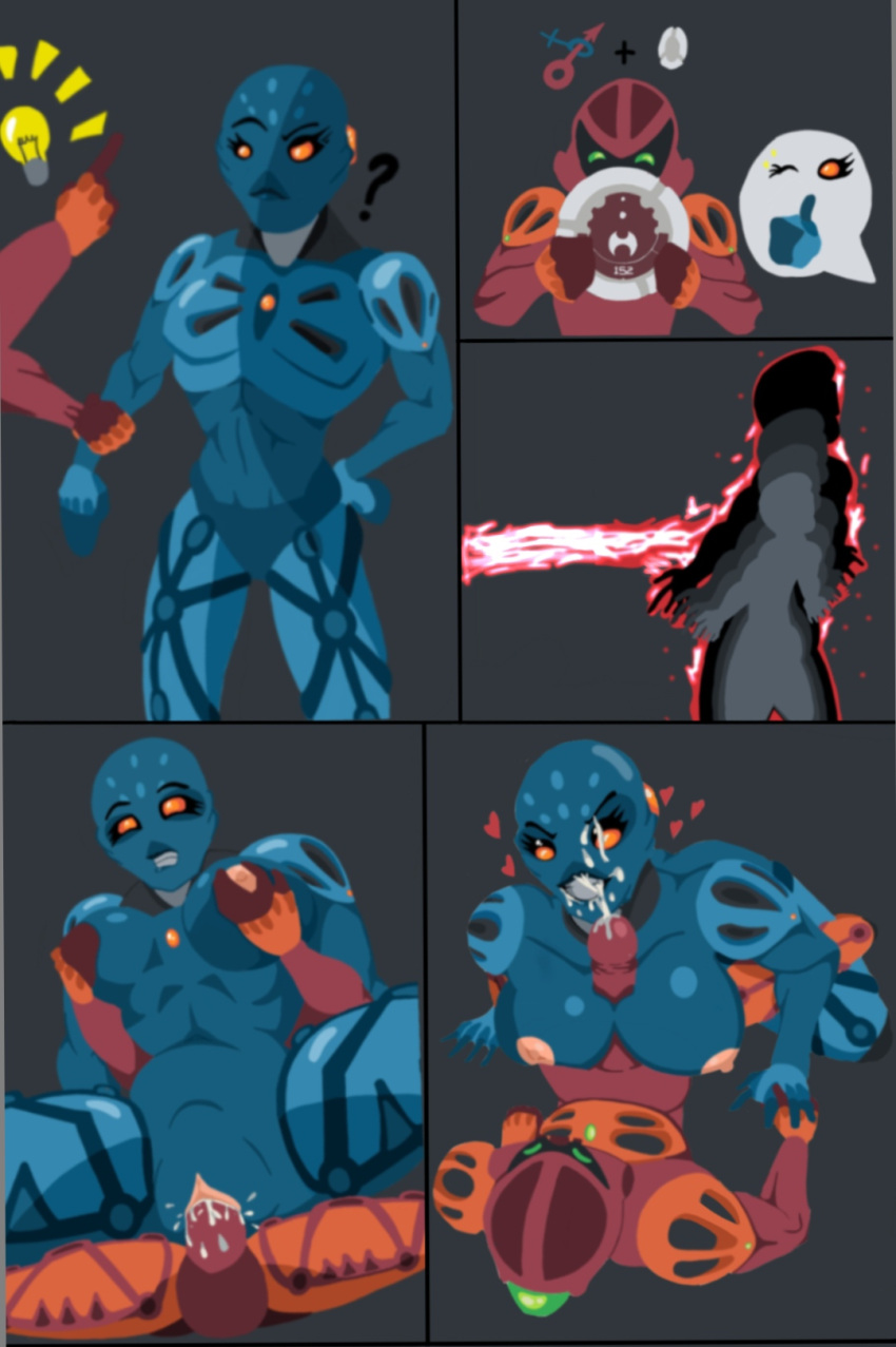 1boy 1boy1girl 1girls big_breast big_penis bionicle blue_body breasts breasts_out comic cum cum_in_pussy cum_inside duo exposed_breasts female_penetrated green_eyes larger_female lego male/female male_penetrating male_penetrating_female nipples nokama orange_eyes outercourse paizuri red_body sesp sex vaginal_penetration vakama