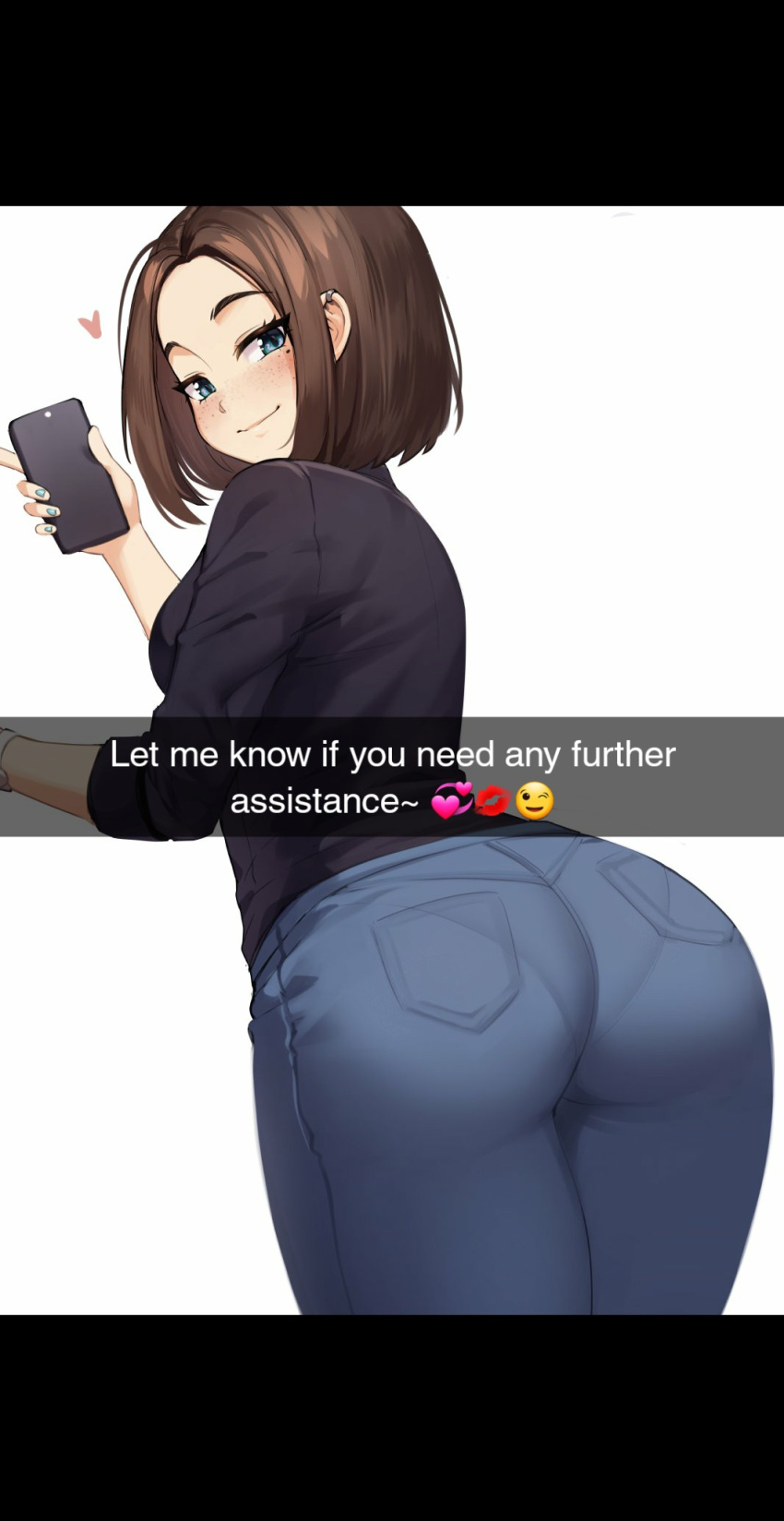 1girls ass assistant blue_eyes brown_hair cellphone clothed clothed_female clothes clothing english english_text female female_only fully_clothed heart jeans pants pantylines phone samsung samsung_sam selfie snapchat solo solo_female text tight_jeans tight_pants wink