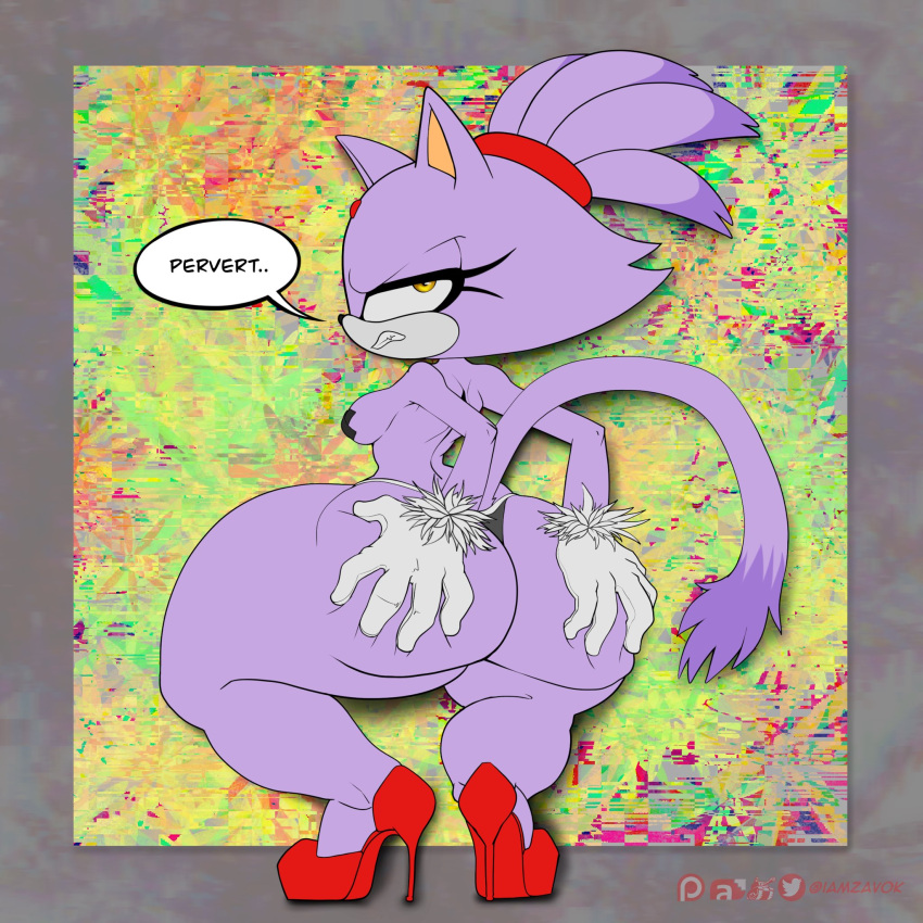 1:1 anthro ass big_butt blaze_the_cat breasts clothing dialogue domestic_cat felid feline felis female hi_res high_heels holding_butt iamzavok mammal nipple_tape pasties sega solo sonic_(series) tape thong underwear video_games