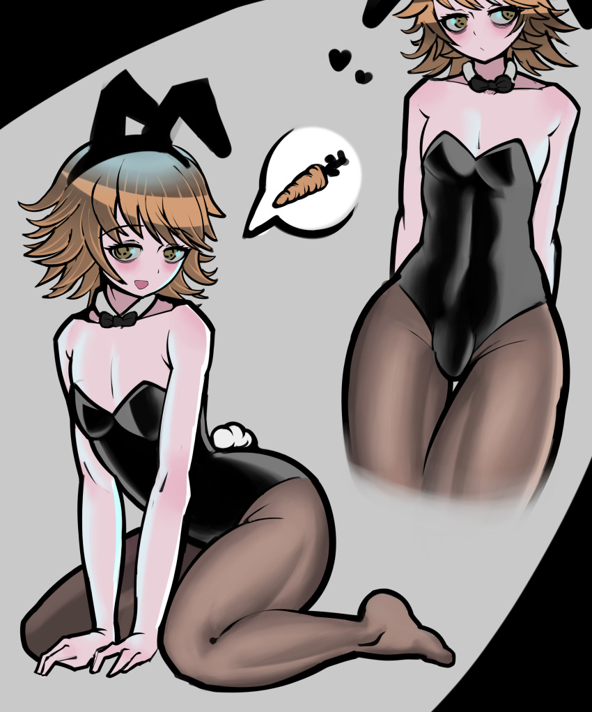 1boy ass bulge bunny_ears bunnysuit canon_crossdressing carrot cock_bulge crossdressing danganronpa danganronpa:_trigger_happy_havoc femboy fujisaki_chihiro male male_only penis_bulge smooth_skin speech_bubble trizzz