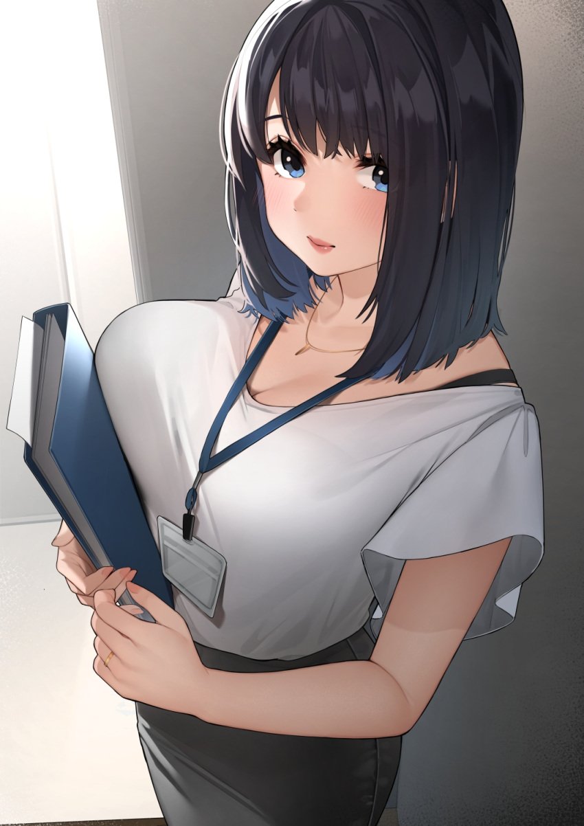 1girls big_breasts black_hair blue_eyes blush breasts female indoors large_breasts long_skirt looking_at_viewer married_woman milf necklace office_lady original original_character pencil_skirt ring sakuranotomoruhie skirt voluptuous voluptuous_female wholesome