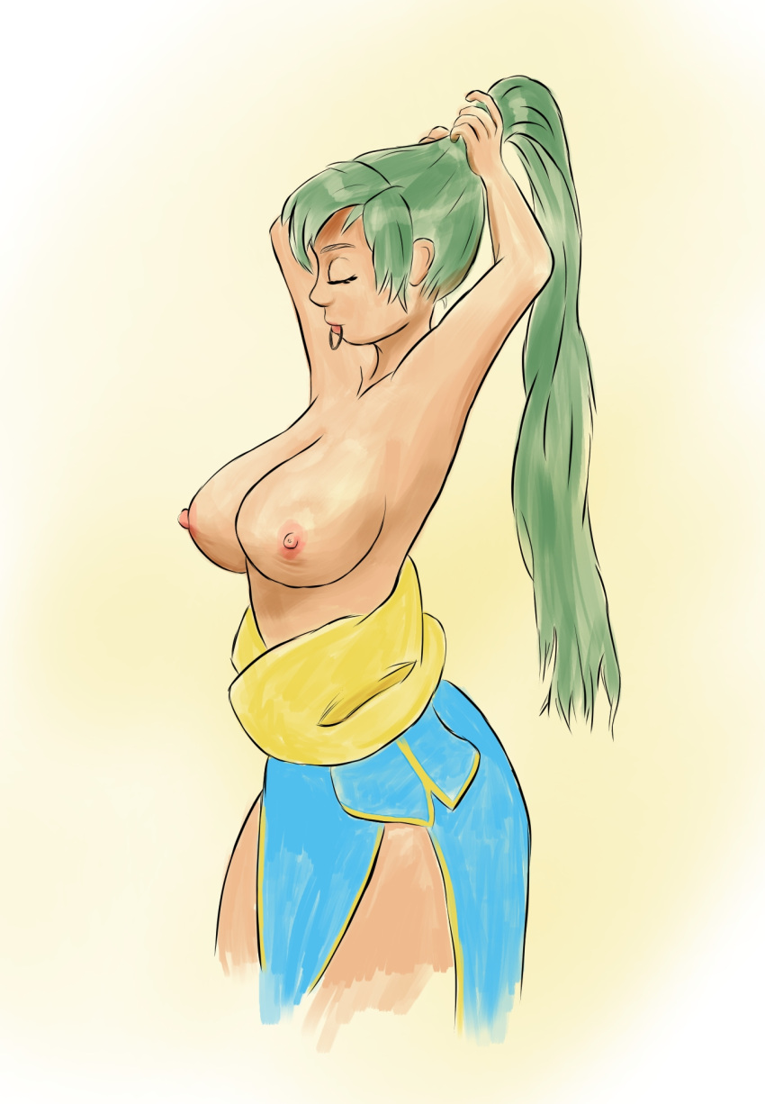 1girls enbu fire_emblem fire_emblem:_the_blazing_blade green_hair large_breasts long_hair lyn_(fire_emblem) lyndis_(fire_emblem) nintendo nipples ponytail solo solo_female topless tying_hair