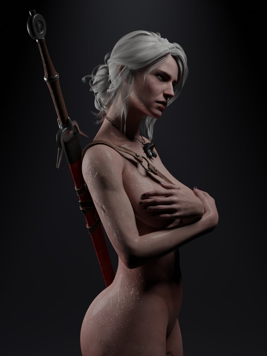 3d cd_projekt_red ciri covering_breasts female_only nude nude_female phoenix3d poster side_view solo sword the_witcher the_witcher_(series) the_witcher_3:_wild_hunt wet wet_skin