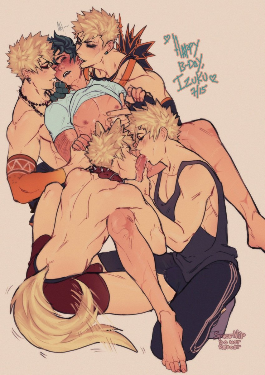 2boys after_kiss armwear barefoot biting_ear blonde_hair blowjob bodily_fluids closed_eyes clothing collar dog_boy dog_collar dog_ears dog_tail ear_biting feet fellatio gay genitals green_hair hero_outfit_(mha) izuku_midoriya katsuki_bakugou male male_only multiple_boys my_hero_academia oral oral_sex penis penis_grab penis_in_mouth saliva saliva_trail shirt spacenipnops spiky_hair text yaoi