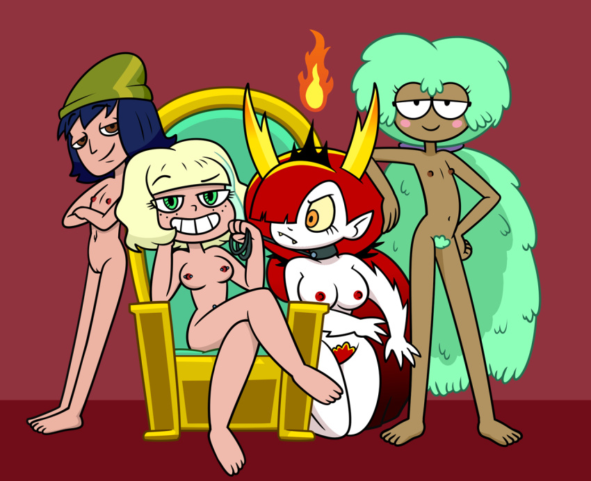 4girls belly_piercing blue_hair breasts brown_eyes chair collar crown dark-skinned_female demon disney disney_channel fangs female femdom fire green_eyes green_hair green_highlights hairless_pussy hairy hairy_pussy harem hat hekapoo horns jackie_lynn_thomas janna_ordonia kelly_(star_vs_the_forces_of_evil) legs_crossed light-skinned_female long_hair looking_at_another looking_at_viewer multiple_girls naked naked_female nipple_piercing nipples nude nude_female orange_eyes orange_iris pale-skinned_female pierced_belly_button pierced_nipples platinum_blonde_hair pointy_ears pubic_hair puffy_hair pussy red_background red_hair short_hair small_breasts smile smiling smiling_at_viewer star_vs_the_forces_of_evil stocking_cap straight_hair tan-skinned_female thick_thighs throne tied_hair unshaved_pussy white_skin xierra099 yellow_eyes