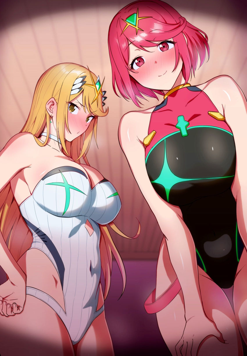 2021 2girls absurd_res amano_don ara_ara black_swimsuit blonde_hair blush breasts choker cleavage covered_navel earrings eyebrows_visible_through_hair hand_on_hip hands_on_thighs highleg highleg_swimsuit highres indoors jewelry large_breasts leaning_forward long_hair looking_at_viewer matching_hair/eyes mythra nintendo one-piece_swimsuit pov pyra red_eyes red_hair short_hair smile swimsuit thick_thighs thigh_gap thighs tiara tsundere waking_up white_swimsuit wide_hips xenoblade_(series) xenoblade_chronicles_2 yellow_eyes