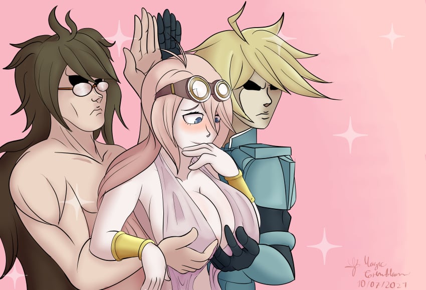 1girls 2boys big_breasts blush breast_grab breast_hold breast_support breasts clothed clothing color colored danganronpa danganronpa_v3 female female_focus finger_to_face gokuhara_gonta hands_under_breasts holding_breast holding_up_breasts huge_breasts iruma_miu kiibo magicnova97 male meme muscles muscular muscular_male parody pose servants_holding_aphrodite's_breasts_(meme) straight_hair topless_male voluptuous