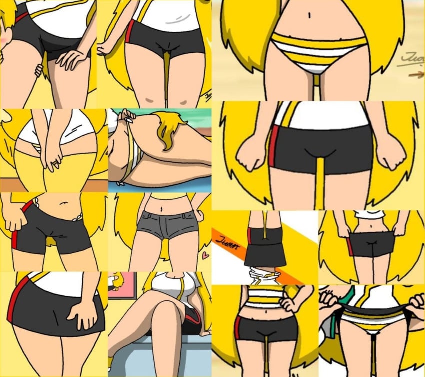 belly_button crossed_legs cute exposed_belly exposed_panties female_focus juanila_(writers_crusaders) legs multiple_images panties pantyshot short_shorts shorts skirt_lift thick_thighs thigh_gap thighs tight_shorts underwear wcjuan writers_crusaders yellow_striped_panties