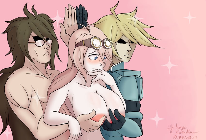 1girls 2boys big_breasts blush breast_grab breast_hold breast_support breasts color colored danganronpa danganronpa_v3 female female_focus finger_to_face gokuhara_gonta hands_under_breasts holding_breast holding_up_breasts huge_breasts iruma_miu kiibo magicnova97 male meme muscles muscular muscular_male parody pink_background pose servants_holding_aphrodite's_breasts_(meme) straight_hair topless_male voluptuous