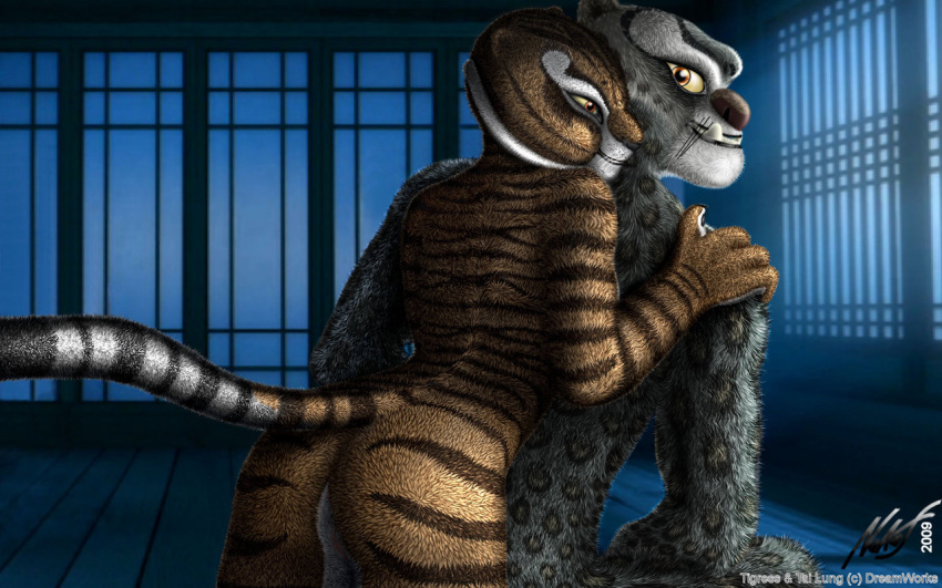 1boy 1girls 2009 anthro dreamworks duo feline female furry imminent_sex kung_fu_panda male master_tigress night nude protator raised_tail smile tai_lung_(kung_fu_panda) tusks