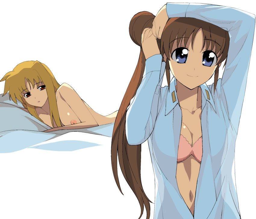 a1 adjusting_hair blonde_hair blue_eyes bra breasts brown_hair fate_testarossa female highres lingerie long_hair lyrical_nanoha mahou_shoujo_lyrical_nanoha mahou_shoujo_lyrical_nanoha_strikers multiple_girls nanoha_takamachi nearly_naked_shirt nipples nude open_clothes open_shirt purple_eyes red_eyes see-through shirt takamachi_nanoha underwear white_shirt yuri