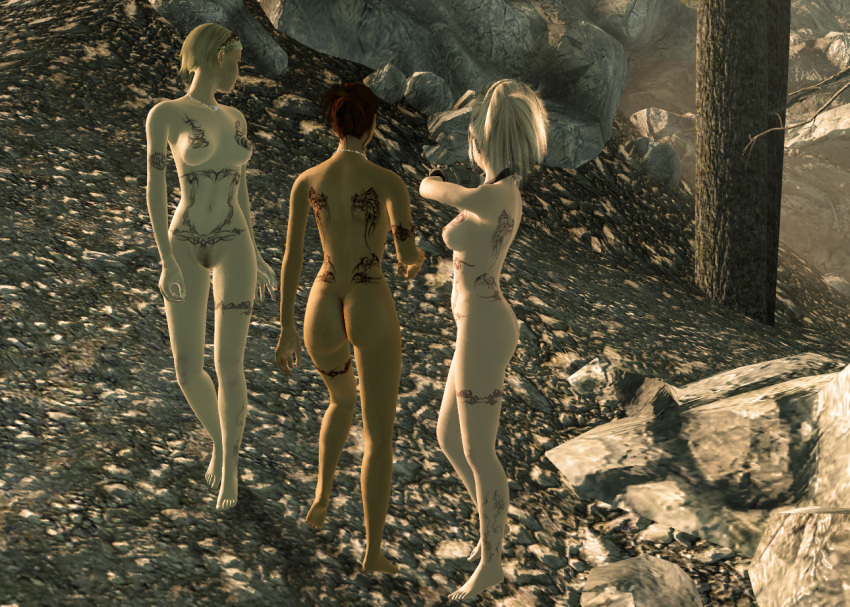 3girls ass bethesda_softworks breasts brunette dark-skinned_female dark_skin fallout fallout_3 female female_only human multiple_girls navel necklace nipples raider tattoo tattoos