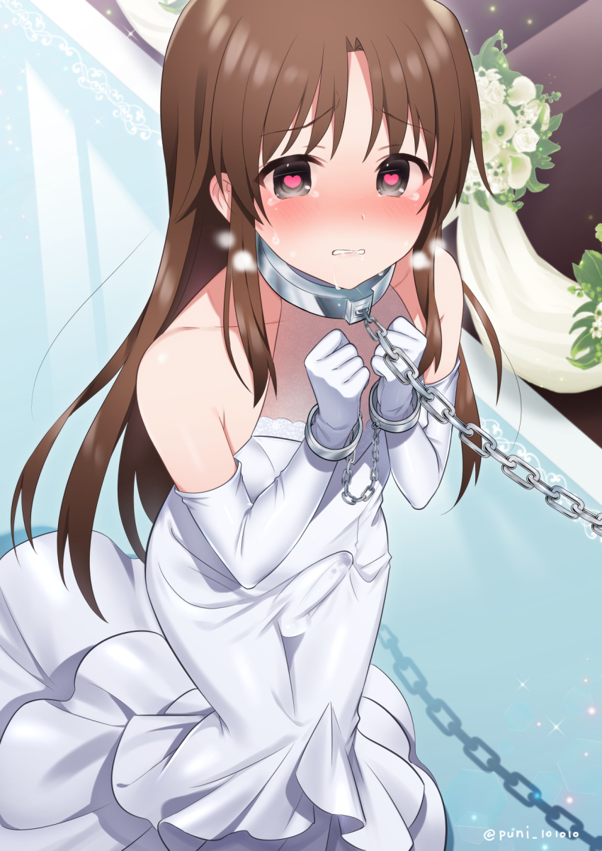 +++_(artist) 1boy bare_shoulders blush bride brown_hair bulge chained_wrists chains clenched_teeth commission crossdressing dress elbow_gloves erection erection_under_clothes femboy girly gloves heart heart-shaped_pupils highres little_busters! long_dress long_hair male male_focus naoe_riki nose_blush otoko_no_ko precum skeb_commission solo symbol-shaped_pupils tears teeth trap white_dress white_gloves