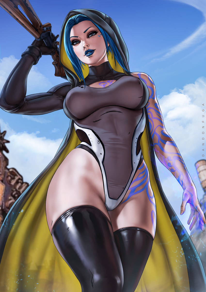 1girls arm_markings arms_up bare_shoulders beauty_mark big_breasts blue_eyes blue_hair blue_lips blue_lipstick bob_cut body_markings borderlands borderlands_2 borderlands_3 breasts child_bearing_hips cleavage cleavage_cutout clothed clothing dandon_fuga eyeshadow female female_focus female_only fit fit_female glowing_hand gun hips holding_gun holding_weapon hood hood_up hoodie horny large_breasts leotard lipstick looking_at_viewer maya_(borderlands) medium_hair pale-skinned_female petite rifle seductive_eyes seductive_look short_hair silver_eyes sleeveless_hoodie solo solo_female solo_focus tattoo thick_thighs thigh_markings thighhighs thighs viewed_from_below