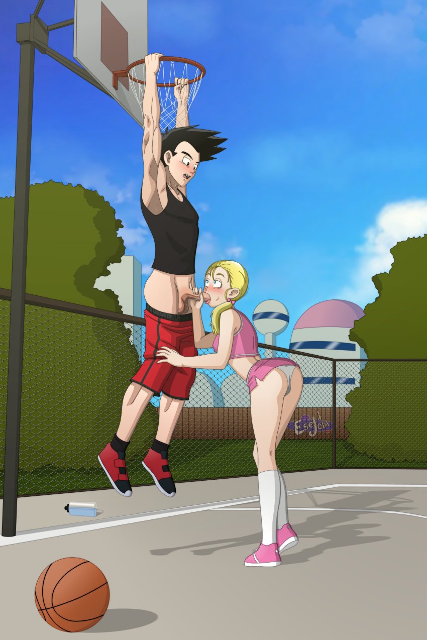 armpits balls basketball basketball_(ball) black_eyes black_hair blonde_hair blowjob blue_eyes cheerleader cock_worship dragon_ball dragon_ball_gt esejota fellatio lean_muscle marron muscle muscles muscular_armpits muscular_male oral panties penis petite saiyan son_goten teenager tongue_out twintails