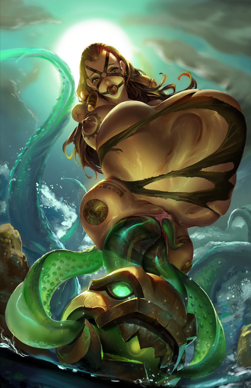 amputee anal anal_sex ball_gag beach big_belly big_breasts crying dark-skinned_female dark_skin double_penetration earrings face_harness gag illaoi jm league_of_legends nubless_amputee ocean octopus quadruple_amputee ready_to_pop solo_female tattoo tentacle tentacle_rape tentacle_sex urethra urethral_insertion vaginal_penetration