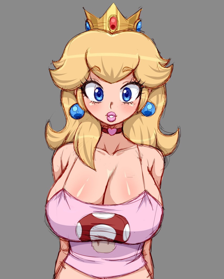 1girls alternate_breast_size bare_arms bare_shoulders big_breasts blonde_hair blue_eyes busty camisole choker cleavage clothing crown earrings female female_only grey_background huge_breasts large_breasts lipstick long_hair looking_at_viewer mario_(series) nintendo pink_camisole pink_lipstick princess_peach simmsy simple_background solo spaghetti_strap thick_lips tight_clothing