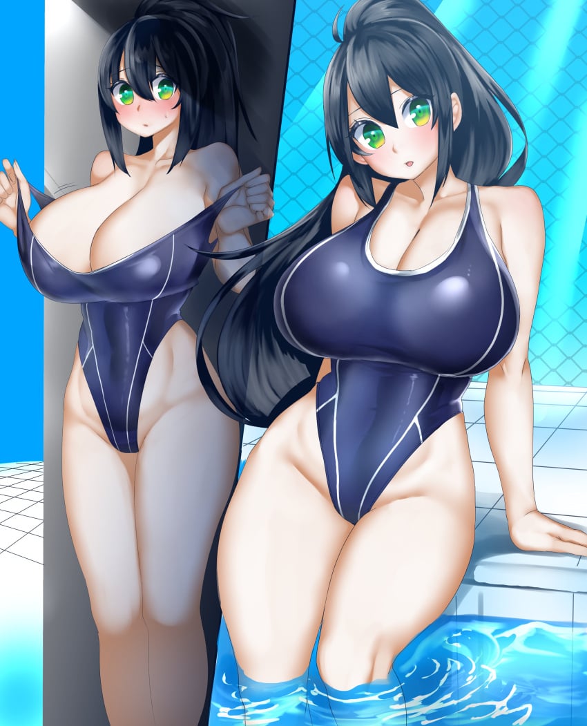 1girls big_breasts big_eyes birugurimu black_hair breasts cleavage clothed clothing female female_only green_eyes hair_between_eyes huge_breasts human large_breasts light-skinned_female light_skin long_hair looking_at_viewer mostly_clothed pale_skin partially_clothed ponytail pool standing swimsuit water wide_hips