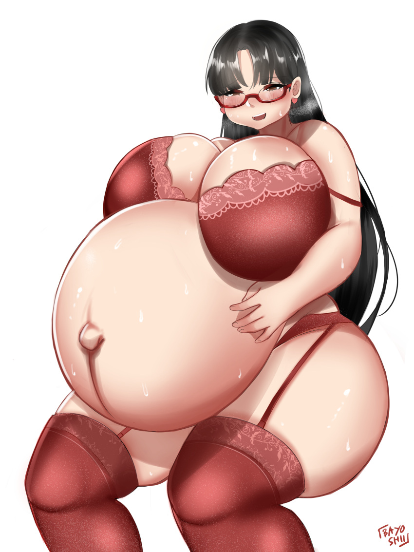 1girls bayoshii bra breasts cleavage female female_only garter_belt glasses huge_belly huge_breasts hyper_belly hyper_pregnancy large_breasts linea_nigra lingerie outie_navel partially_clothed pregnant ready_to_pop revealing_clothes thighhighs wide_hips