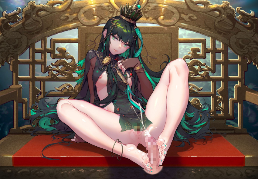 1boy 1girls anklet anus areolae ass barefoot bottomless bracelet breasts censored crown cum cum_on_feet ejaculation erection feet feet_together female fingerless_gloves footjob green_eyes green_hair green_nails hair_ornament highres jewelry legs long_hair looking_at_viewer male miaodiande_yuanshoumiao mosaic_censoring nail_polish nipples penis punishing:_gray_raven pussy qu_(punishing:_gray_raven) sitting soles thighs toenail_polish toes