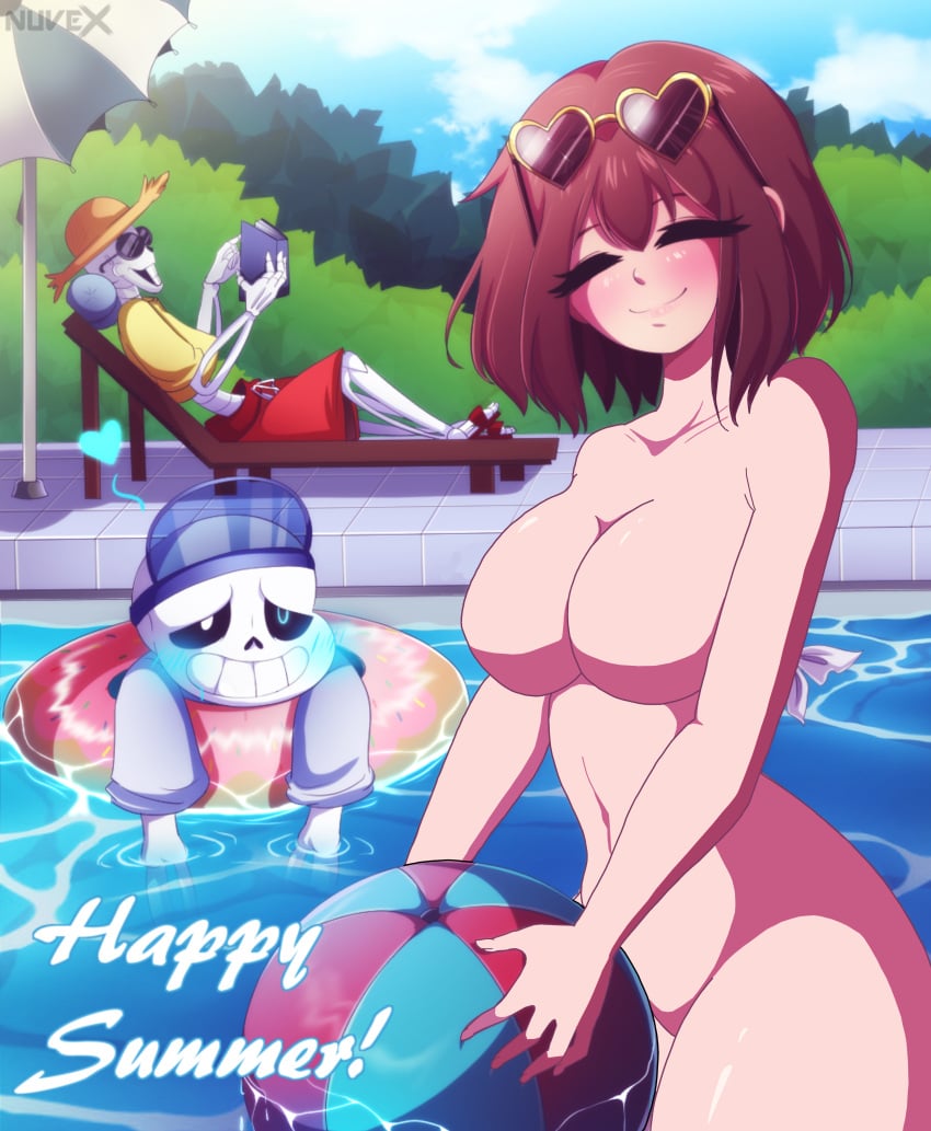 1girls animated_skeleton beach_ball beach_chair beach_umbrella blue_blush blush breasts breasts_out clothed clothed_male completely_naked completely_naked_female completely_nude completely_nude_female english_text female female_focus female_frisk female_human frisk happy hat human looking_at_another male naked naked_female no_nipples nude nude_female nuvex papyrus pool sans skeleton summer sunglasses swimming_pool swimming_ring text umbrella undertale undertale_(series)