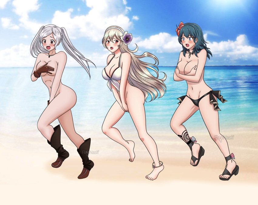 3girls aquaraptor barefoot beach big_breasts bikini bikini_bottom bikini_top black_bikini black_footwear black_swimsuit blue_eyes blue_hair boots boots_only bottomless breasts brown_eyes byleth_(fire_emblem) byleth_(fire_emblem)_(female) byleth_(summer)_(fire_emblem)_(female) cleavage completely_naked completely_nude completely_nude_female corrin_(fire_emblem) corrin_(fire_emblem)_(female) corrin_(summer)_(fire_emblem)_(female) covered_nipples covering covering_breasts covering_crotch covering_self crossover embarrassed embarrassed_nude_female enf female female_focus female_only fire_emblem fire_emblem:_three_houses fire_emblem_awakening fire_emblem_fates fire_emblem_heroes floonasif flower flower_in_hair gloves heels hibiscus huge_breasts light_skin long_hair medium_hair multiple_girls naked navel necklace nintendo nude ocean open_mouth outdoors outside public public_nudity red_eyes robin_(female)_(summer)_(fire_emblem) robin_(fire_emblem) robin_(fire_emblem)_(female) running sand sandals swimsuit teal_hair topless topless_bikini twintails water white_bikini white_hair white_swimsuit