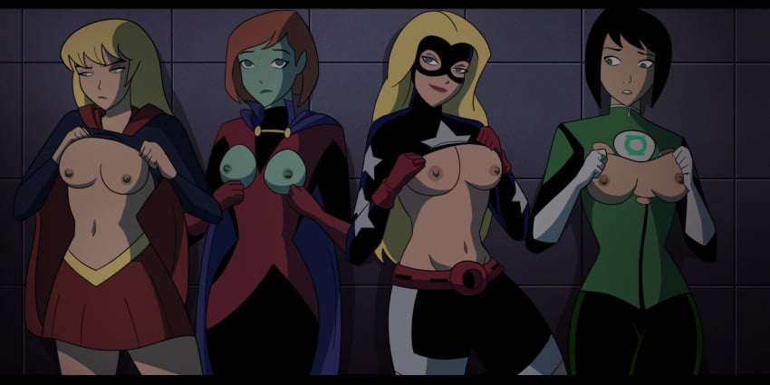 4girls breasts courtney_whitmore dc_comics dcau dcuaom embarrassed exposed_breasts female_only flashing flashing_breasts green_lantern harem interspecies jessica_cruz jessica_cruz_(dcau) justice_league_unlimited justice_league_vs._the_fatal_five kara_danvers kara_in-ze kara_zor-el lifted_by_self megan_morse miss_martian miss_martian_(dcau) multiple_girls navel no_bra ripped_clothing shirt_up stargirl stargirl_(dcau) supergirl take_your_pick torn_clothes xeroshadows