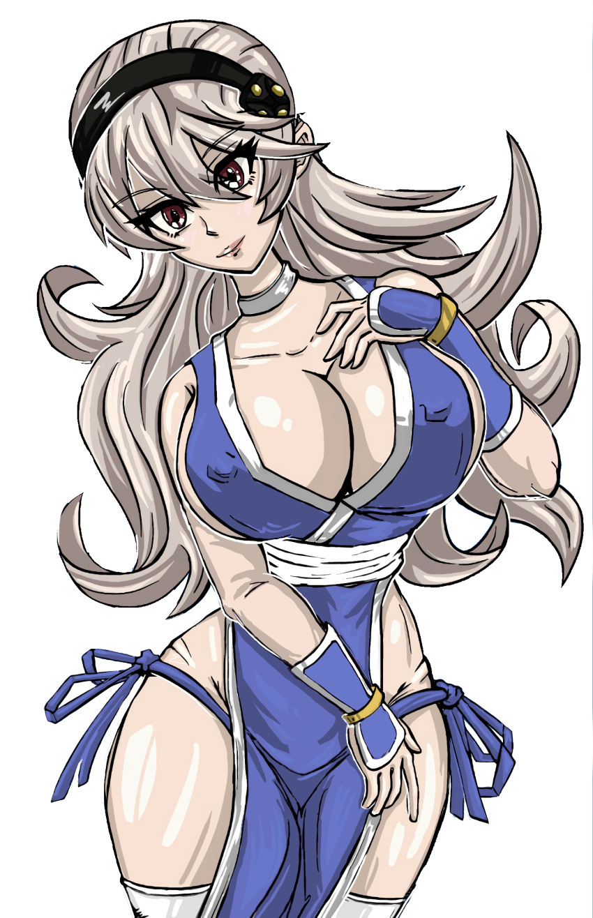 armguards breasts cleavage clothed corrin_(fire_emblem) corrin_(fire_emblem)_(female) cosplay crossover dead_or_alive edit erect_nipples female female_only fire_emblem fire_emblem_fates fire_emblem_heroes highres huge_breasts kasumi_(doa) kasumi_(doa)_(cosplay) kunoichi large_breasts long_hair looking_at_viewer milf nintendo no_bra no_gloves no_panties no_underwear photoshop platinum_blonde_hair red_eyes redfoil revealing_clothes smile solo tagme white_background