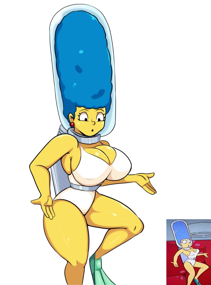 1girls belt big_breasts blue_hair breasts bubble_helmet cleavage clothed clothing diving diving_helmet earrings eyelashes flippers footwear helmet iggy-bomb marge_simpson milf one-piece_swimsuit open_mouth red_earrings redraw shiny_skin solo surprised swimsuit the_simpsons thick_thighs wet white_background white_clothing white_swimsuit wide_hips yellow_skin