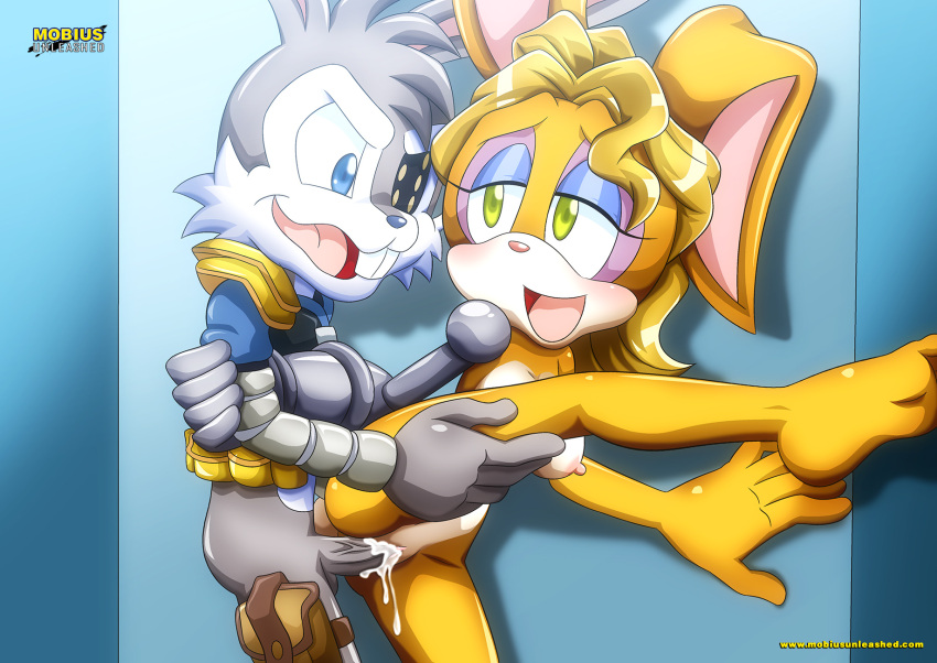 bbmbbf belle_d'coolette blonde_hair blue_hair blush brown_fur cum_drip evil_smile gray_fur green_eyes jack_rabbit leg_lift mobius_unleashed penis_in_pussy sonic_(series) sonic_the_hedgehog_(archie) sonic_the_hedgehog_(series)