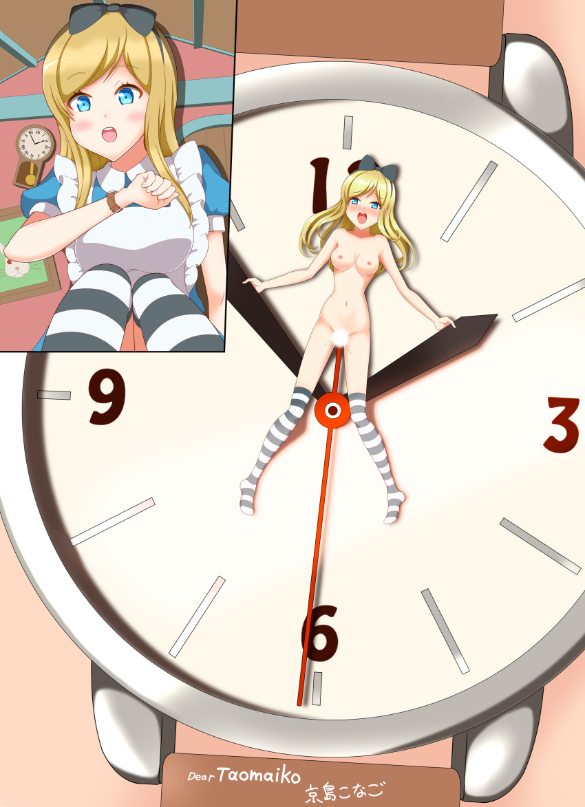 alice_in_wonderland alice_liddell blush breasts censored_pussy cum dress giant giantess konagokyoujima leaking macro micro minigirl size_difference smaller_female socks squirting stockings tiny watch wristwatch