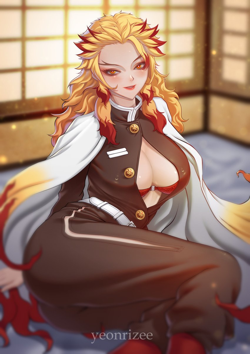 big_breasts blonde_hair bra cape cleavage clothing demon_slayer detailed female female_only genderswap_(mtf) hair_down kimetsu_no_yaiba long_hair looking_at_viewer open_smile orange_eyes red_bra rengoku_kyoujurou rule_63 solo two_tone_hair unbuttoned unbuttoned_shirt uniform wavy_hair yeonrizee