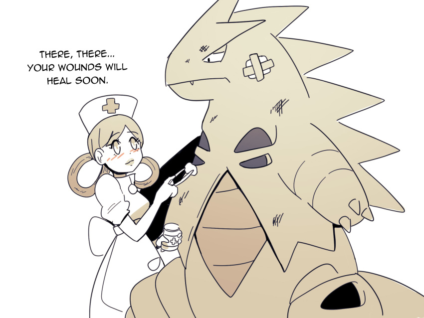 1boy 1girls dialogue monster nintendo nurse nurse_cap nurse_joy nurse_uniform pokemon pokemon_(species) text tyranitar wolfgang_bang year_request