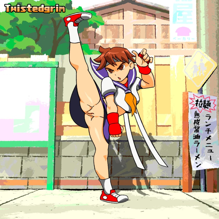 1girls 2d 2d_animation accidental_exposure animated bandana brown_eyes brown_hair cameltoe capcom casual clothing covering_crotch cute female female_only fighting_stance flexible footwear fully_clothed gif handwear headwear high_kick human kicking martial_arts midriff midriff_baring_shirt no_panties no_pubic_hair pale_skin pixie_cut public sakura_kasugano school_uniform short_hair skirt sneakers solo solo_female splits street_fighter sweatdrop tagme thick_thighs tomboy twistedgrim upskirt vertical_splits