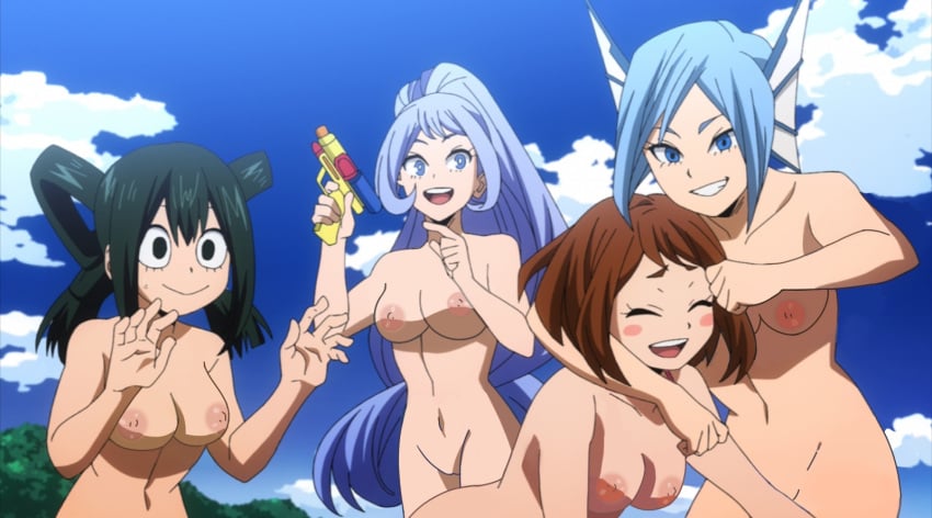 2021 4girls accurate_art_style bangs big_ass big_breasts big_butt black_eyes blue_eyes blue_hair breasts breasts_out brown_hair closed_eyes edit female_only fin_ears green_hair hi_res long_hair matching_hair/eyes multiple_girls my_hero_academia naked naked_female navel nejire_hado nipples nude nude_female nude_filter ochako_uraraka open_mouth ponytail screencap short_hair shounen_jump sirius_(my_hero_academia) smile teenage_girl teenager thigh_gap tied_hair toy tsuyu_asui water_gun